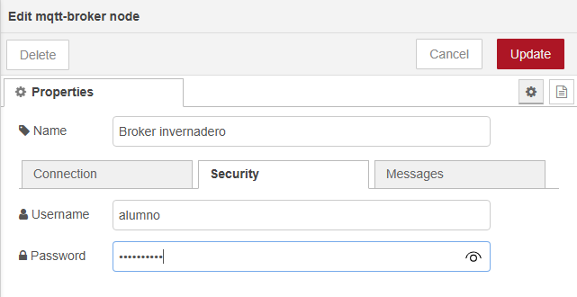 Diálogo Edit mqtt-broker node, pestaña Security: Username alumno y Password con la contraseña oculta