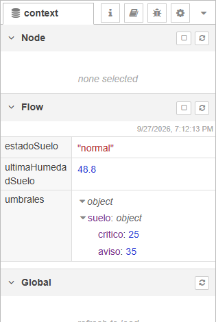 Pestaña Context Data, sección Flow: umbrales desplegado muestra suelo con critico 25 y aviso 35; también aparecen estadoSuelo y ultimaHumedadSuelo