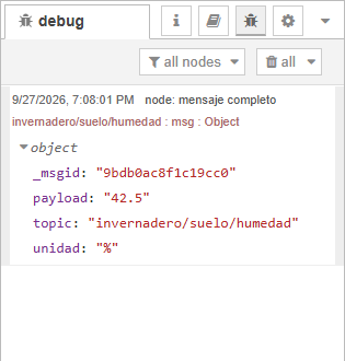 Pestaña debug con el mensaje desplegado: _msgid, payload "42.5", topic "invernadero/suelo/humedad" y unidad "%"