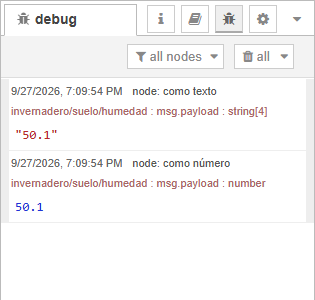 Pestaña debug con dos mensajes: el de "como texto" muestra "50.1" en rojo entre comillas y tipo string; el de "como número" muestra 50.1 en azul y tipo number
