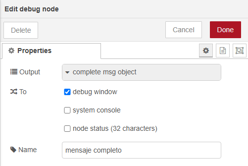 Diálogo Edit debug node: Output "complete msg object", To "debug window" marcado, Name "mensaje completo"