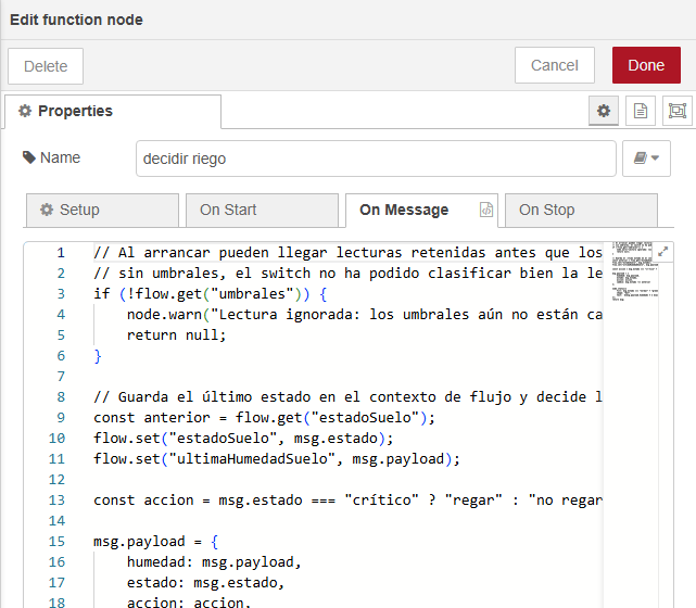 Diálogo Edit function node: Name "decidir riego", pestaña On Message con el código de la función