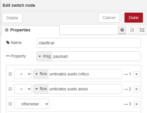 Diálogo Edit switch node: Name "clasificar"; Property msg.payload; regla 1 menor que flow.umbrales.suelo.critico hacia la salida 1; regla 2 menor que flow.umbrales.suelo.aviso hacia la salida 2; regla 3 otherwise hacia la salida 3