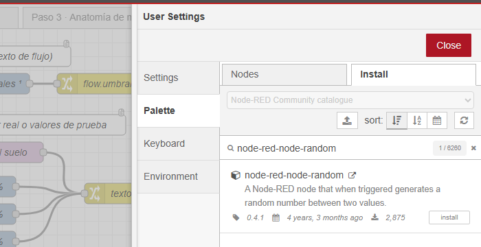 Diálogo User Settings, sección Palette, pestaña Install: el buscador contiene node-red-node-random y aparece el módulo con su descripción y el botón install
