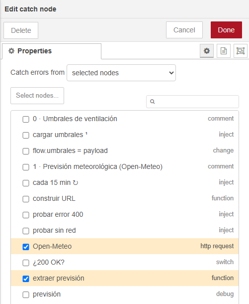 Diálogo Edit catch node: Catch errors from "selected nodes" y la lista de nodos de la pestaña con las casillas de Open-Meteo y extraer previsión marcadas