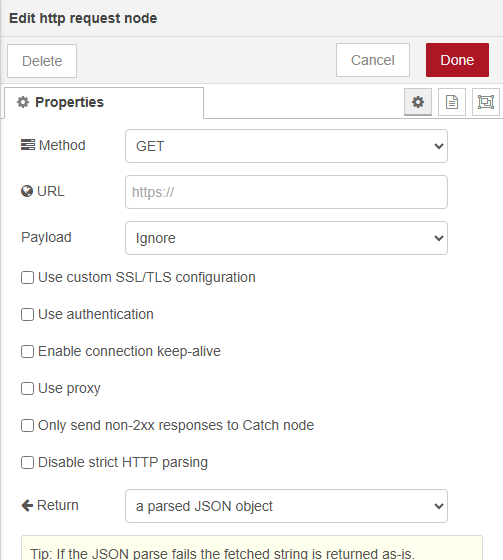 Diálogo Edit http request node: Method GET, URL vacía, Payload Ignore, varias casillas de opciones desmarcadas y, abajo, Return "a parsed JSON object"
