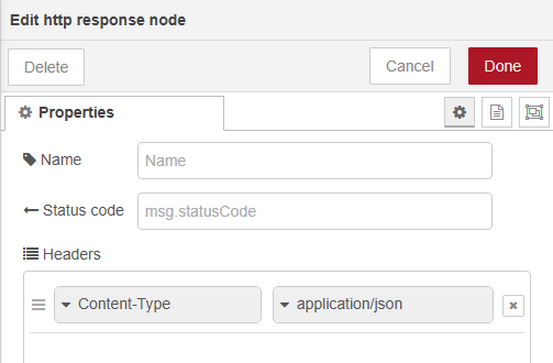 Diálogo Edit http response node: Status code vacío y una cabecera content-type con el valor application/json