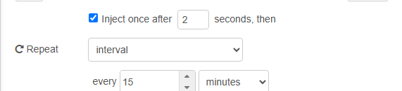 Detalle del diálogo del inject: Inject once after 2 seconds marcado, Repeat interval every 15 minutes