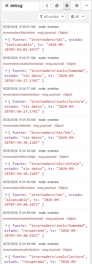 Pestaña debug con los eventos: invernadero/tds inalcanzable; invernadero/suelo/humedad y invernadero/suelo/lectura sin datos; invernadero/tds/tds y invernadero/tds/voltaje sin datos; después recuperado y alcanzable
