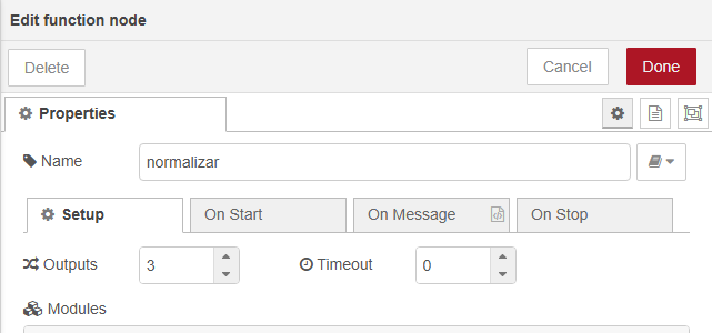 Pestaña Setup del diálogo del function: Outputs 3, Timeout 0