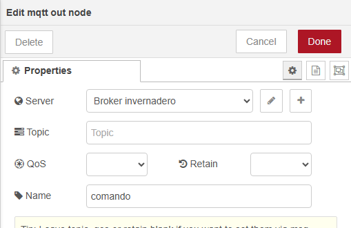 Diálogo Edit mqtt out node: Server Broker invernadero; Topic vacío; QoS y Retain vacíos; Name comando