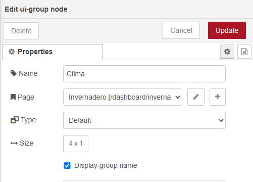 Diálogo Edit ui-group node: Name Clima, Page Invernadero [/dashboard/invernadero], Type Default, Size 4 x 1 y Display group name marcado