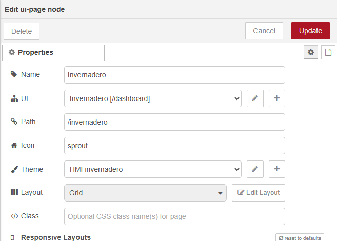 Diálogo Edit ui-page node: Name Invernadero, UI Invernadero [/dashboard], Path /invernadero, Icon sprout, Theme HMI invernadero y Layout Grid