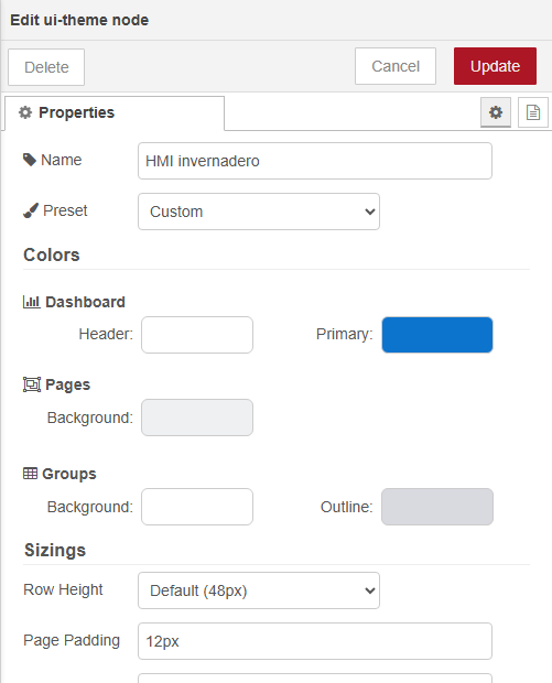 Diálogo Edit ui-theme node: Name HMI invernadero, Preset Custom; en Colors, Dashboard Primary azul, Pages Background gris claro y Groups Background blanco con Outline gris; en Sizings, Row Height y Page Padding
