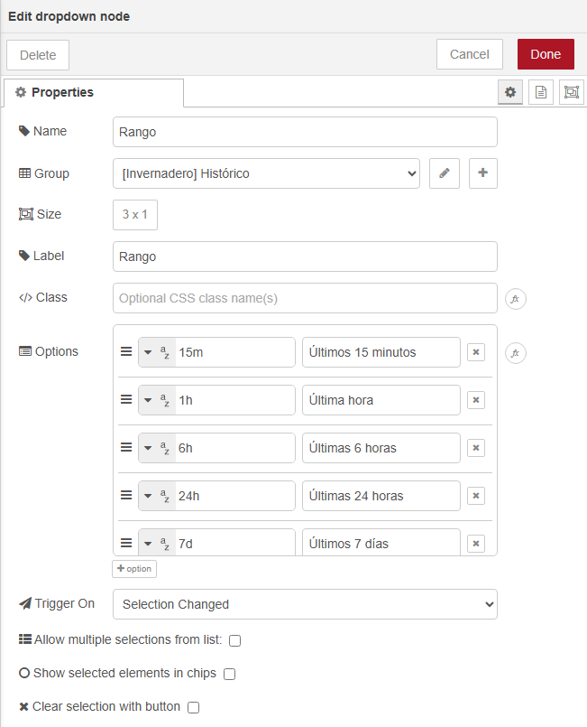 Diálogo Edit dropdown node: Group Histórico, Label Rango, cinco opciones con su etiqueta y su valor (Últimos 15 minutos 15m, Última hora 1h, Últimas 6 horas 6h, Últimas 24 horas 24h, Últimos 7 días 7d) y Topic rango