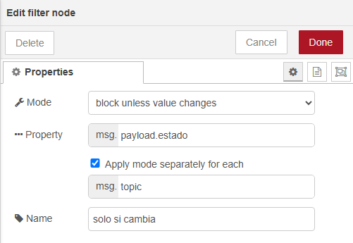 Diálogo Edit filter node: Mode block unless value changes, Property msg.payload.estado, Apply mode separately for each msg.topic marcado, Name solo si cambia