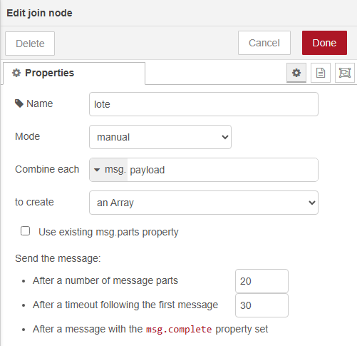 Diálogo Edit join node: Name lote, Mode manual, Combine each msg.payload to create an Array, Send the message after a number of message parts 20 and after a timeout following the first message 30